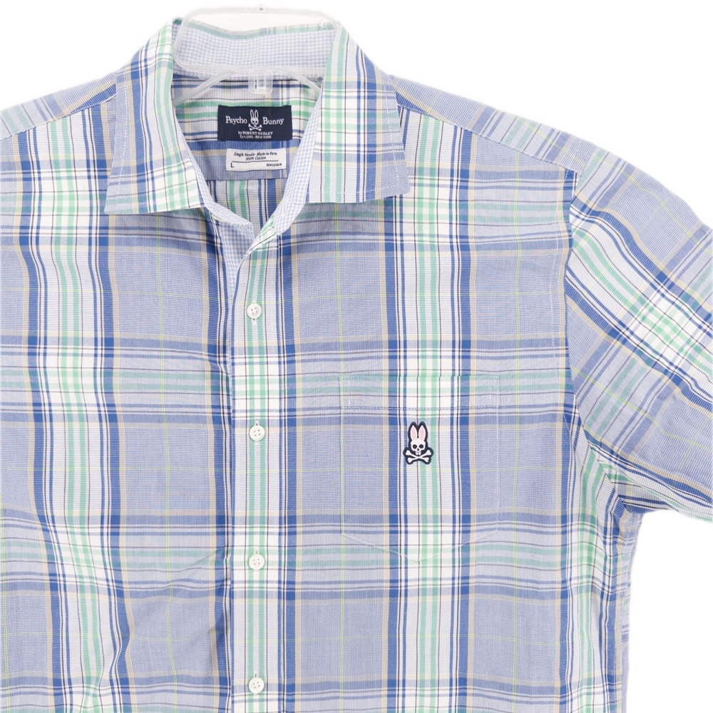 Psycho Bunny Mens Large Short Sleeve Button Up Blue Green Plaid Shirt Logo
